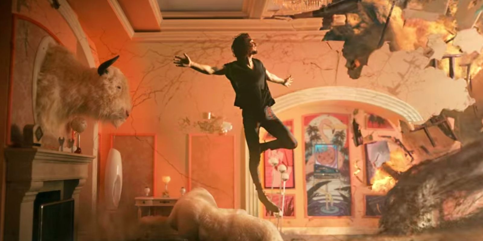 Klaus Hargreeves jumping at the white buffalo in The Umbrella Academy.