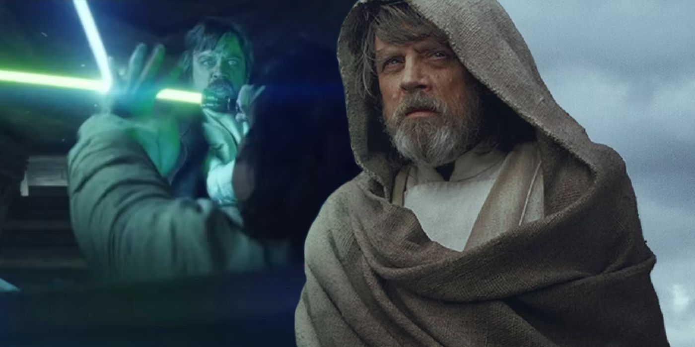 Mark Hamill como Luke Skywalker em Star Wars: Os Últimos Jedi atacando Ben Solo e ficando em Ahch-to