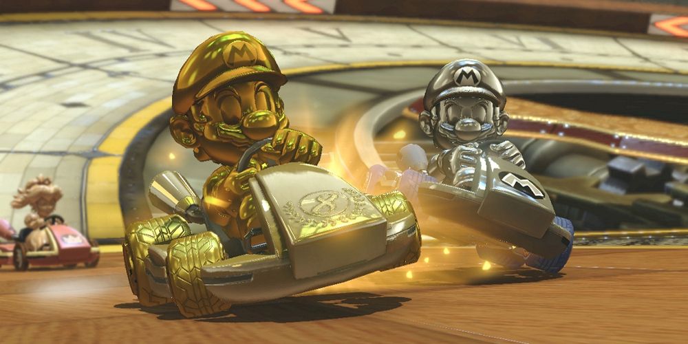 Metal Mario races Gold Mario in Mario Kart 8