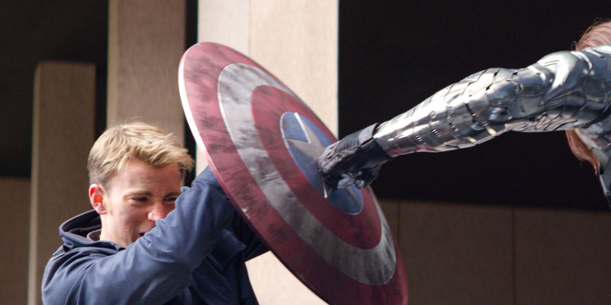 Steve fends off Bucky in Captain America The Winter Soldier.