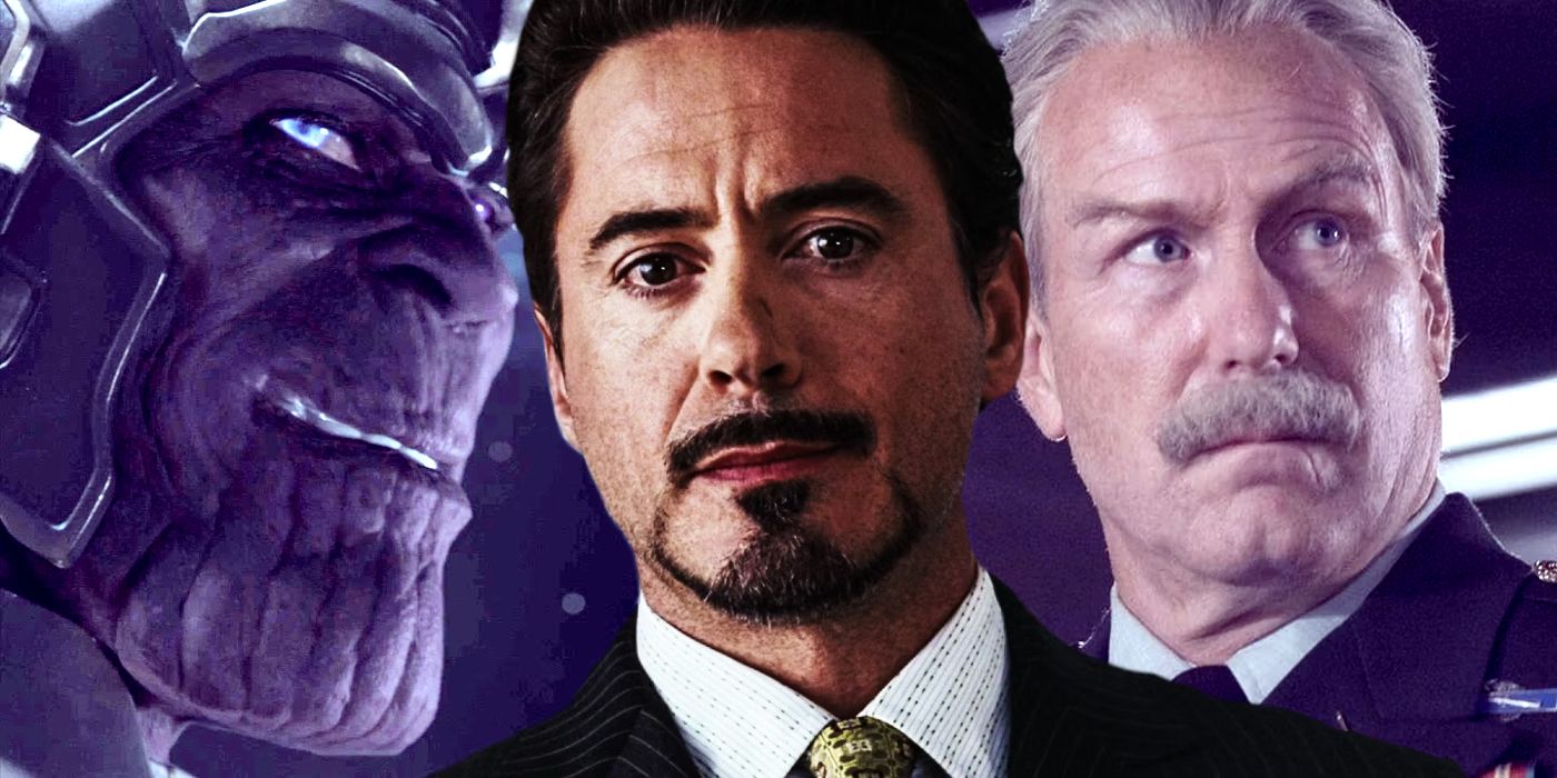 Thanos in The Avengers, Robert Downey Jr as Tony Stark in Iron Man, and William Hurt as General Thunderbolt Ross in The Incredible Hulk