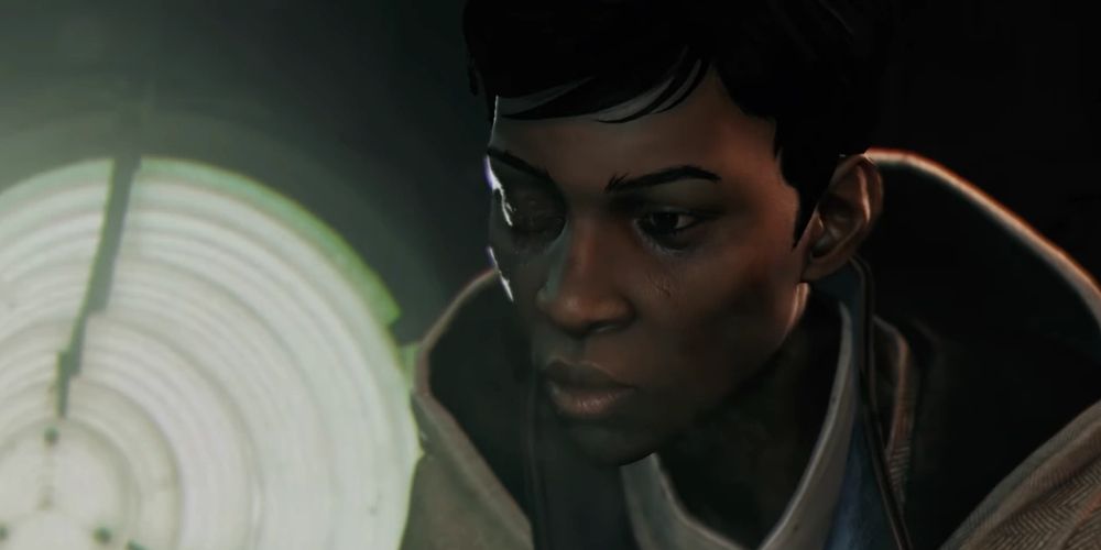 Meagan examines a file in Dishonored 2