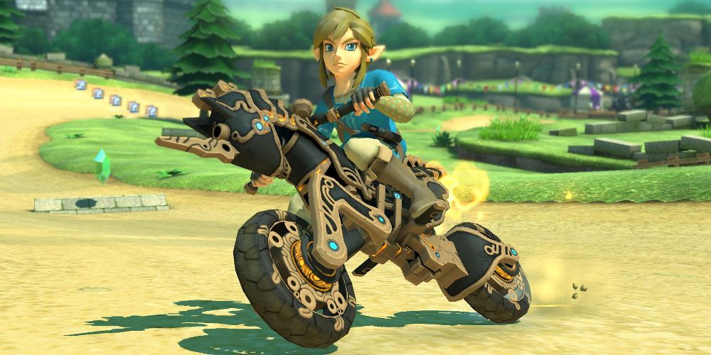 Link drives on Hyrule Circuit in Mario Kart 8