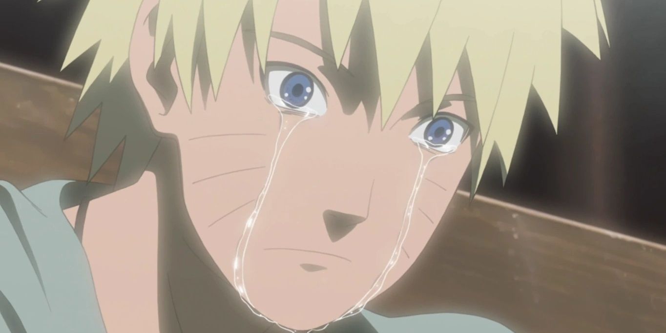 Close de Naruto olhando para o chão chorando em Naruto.