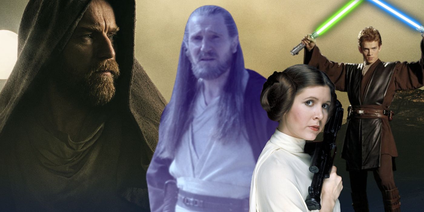 A collage photo of Obi Wan, Princess Leia, Luke Skywalker and Qui-Gon Jin in Star Wars