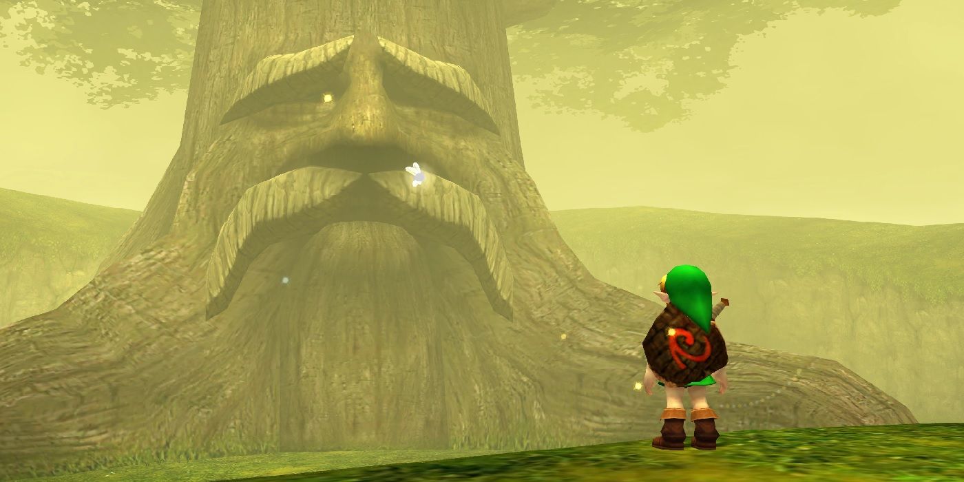 Young Link está diante da Grande Árvore Deku em Zelda: Ocarina of Time