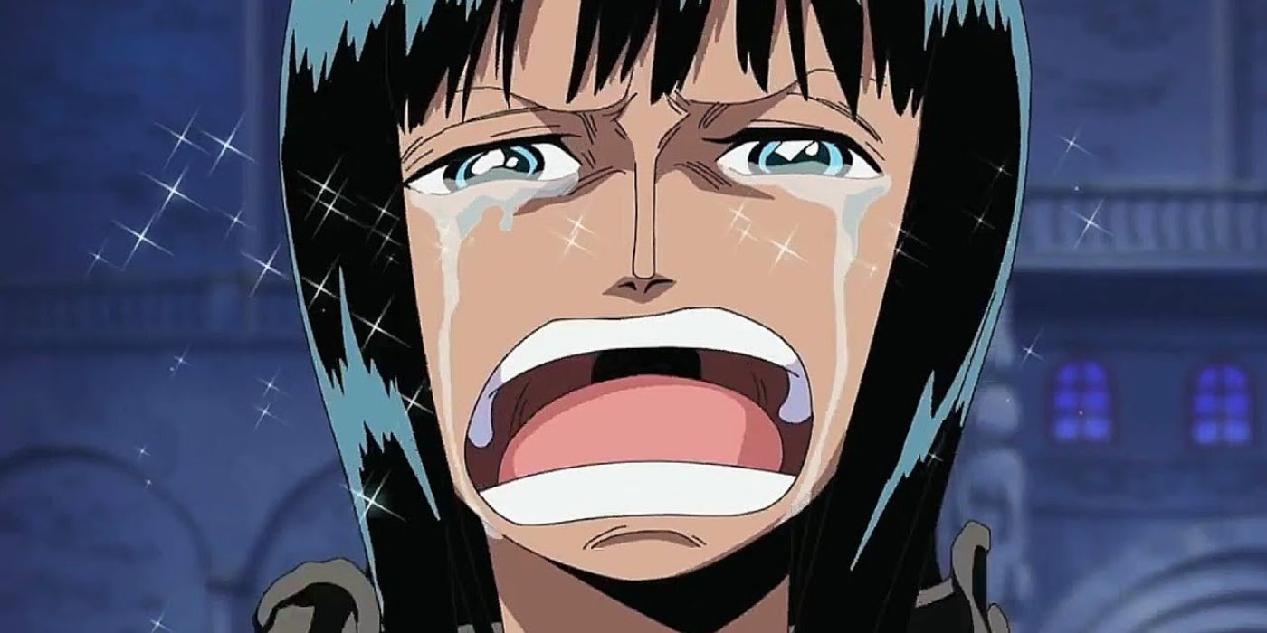 Nico Robin crying in a scene from One Piece.