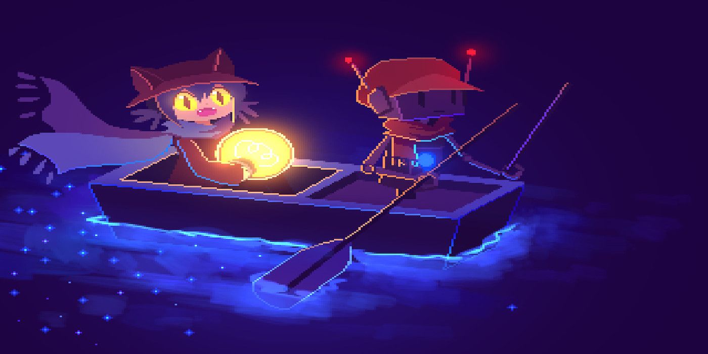 Niko riding in a boat with a robot in the game OneShot