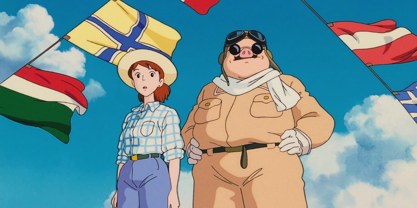 Fio Piccolo and Porco Rosso standing next to each other in front of flying flags. 