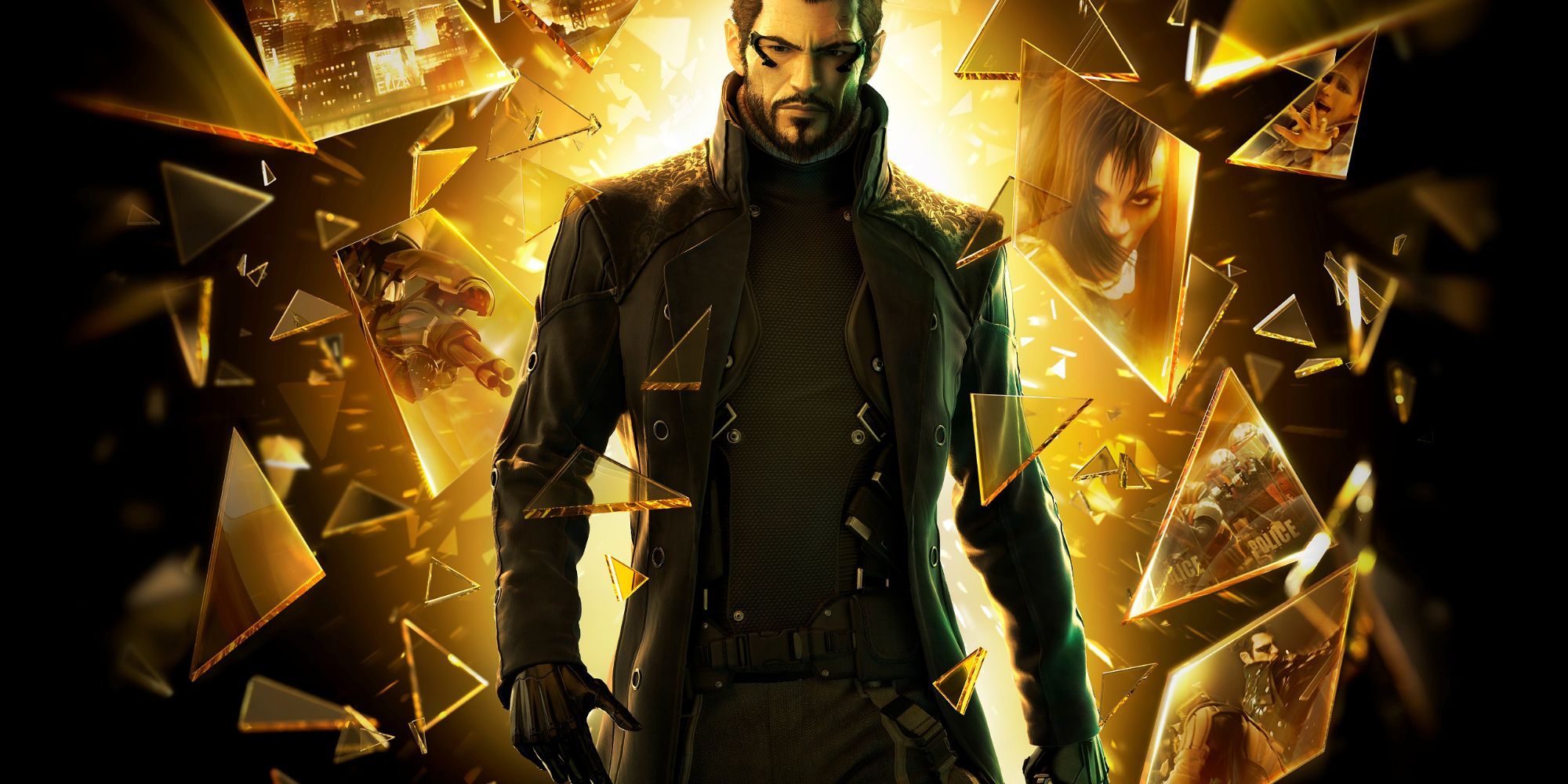 pôster do jogo Deus Ex Mankind Divided com o protagonista Adam Jensen
