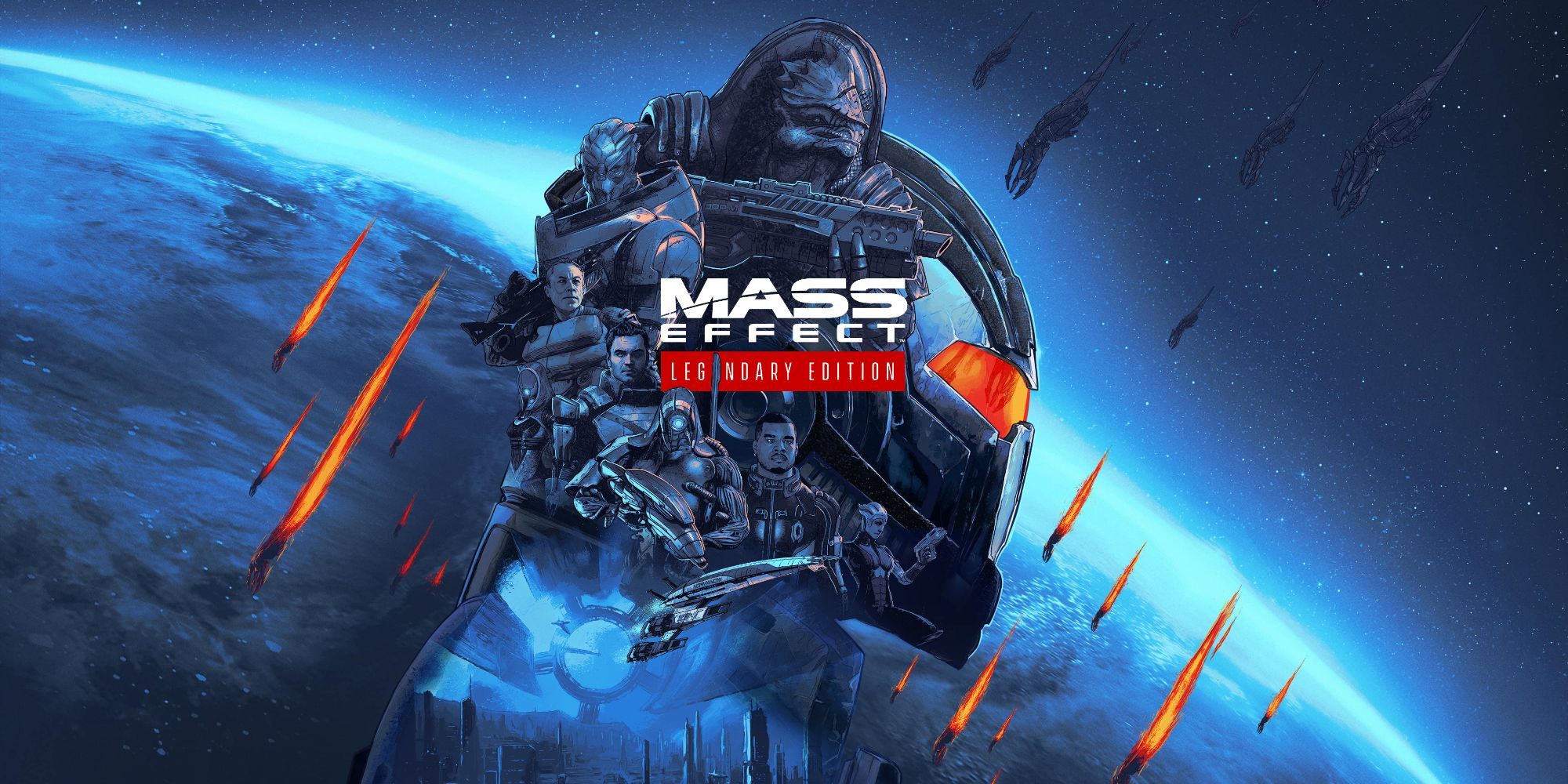cartaz para o jogo Mass Effect Legendary Edition com Garrus Vakarian e outros personagens
