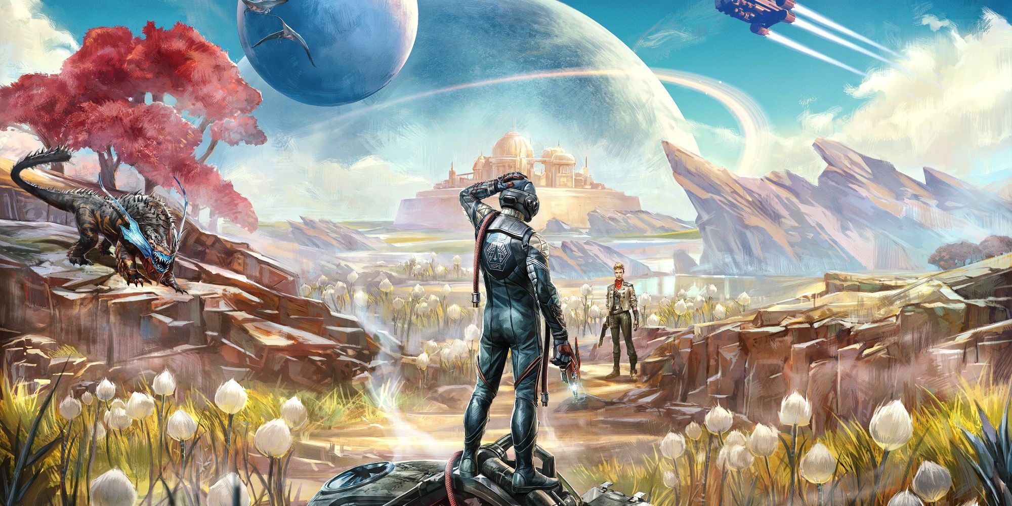 pôster do jogo The Outer Worlds apresentando o Estranho parado sobre os destroços de um navio