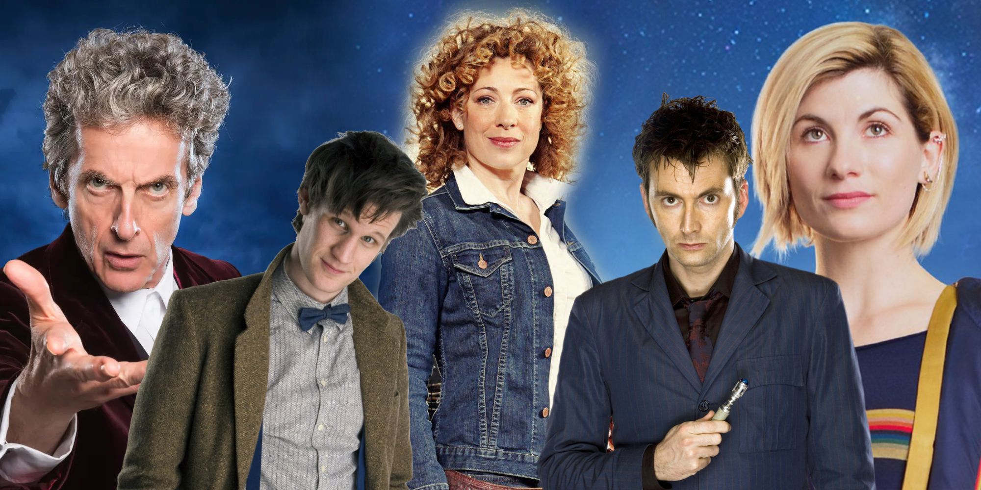 River Song, Twelfth Doctor, Eleventh Doctor, Tenth Doctor, and Thirteenth Doctor