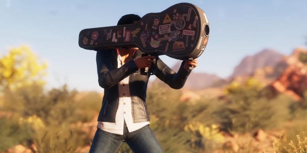 A player uses the Guitar Case Launcher in Saints Row