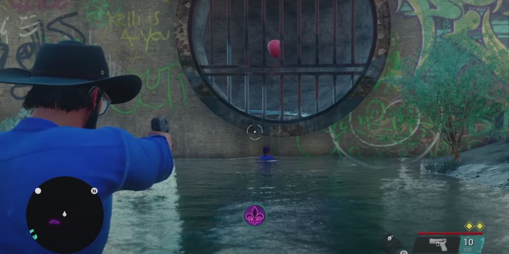A player aims at Pennywise's balloon in Saints Row
