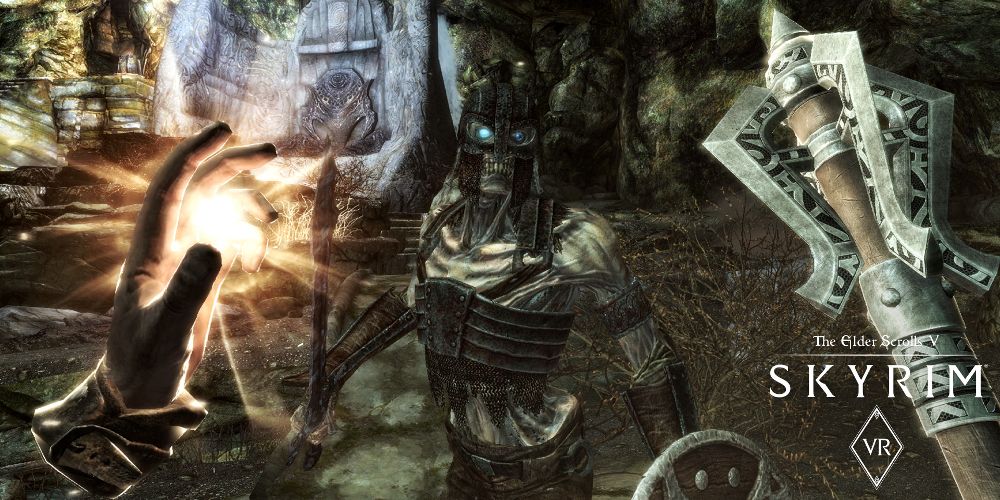 A player faces a skeletal zombie in Skyrim VR