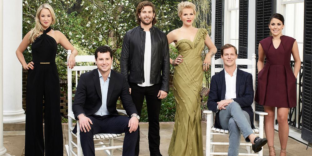 The cast of Southern Charm: Savannah poses on the patio