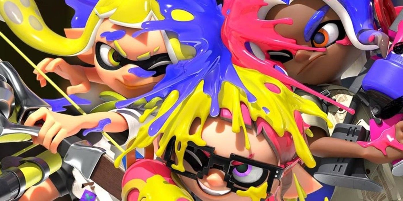 Three Splatoon 3 characters clashing into each other, each with a different color of ink in an image representative of the game's new Tricolor Turf Battles.