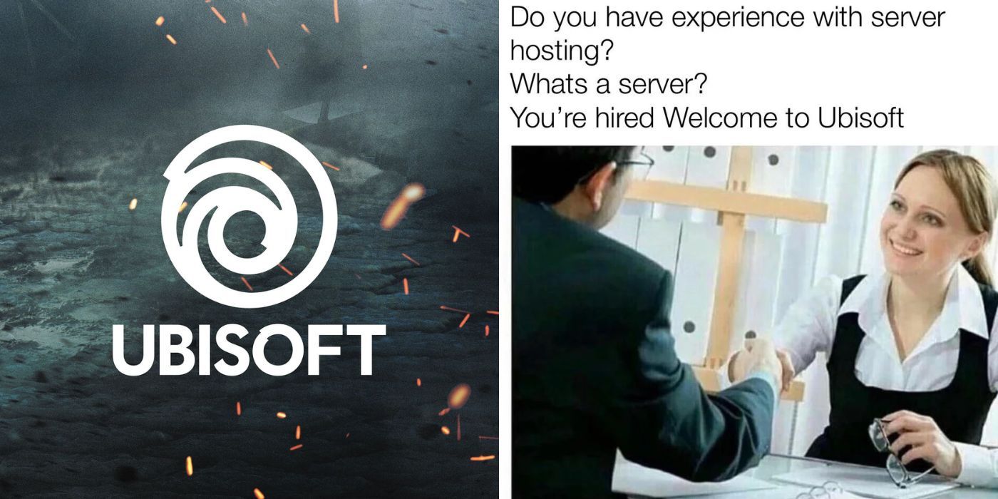 split image of Ubisoft logo and meme