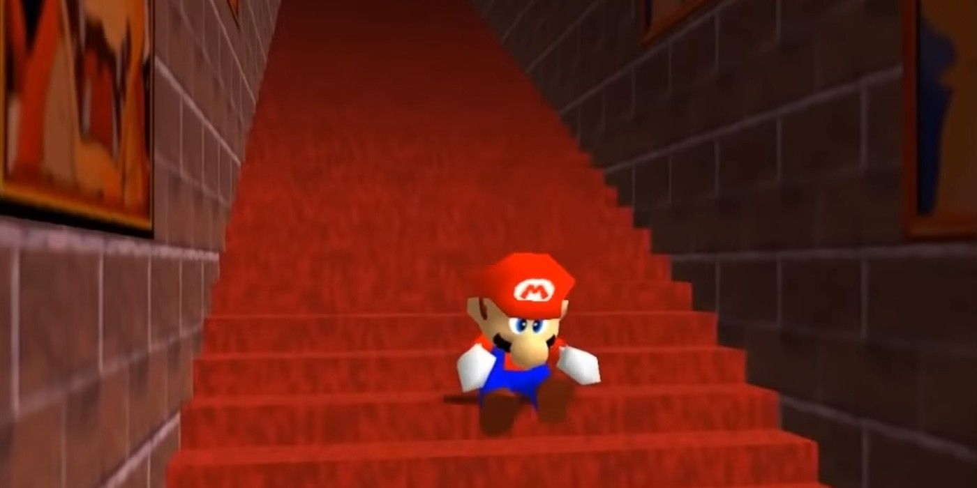 Mario moves down some stairs in Mario 64