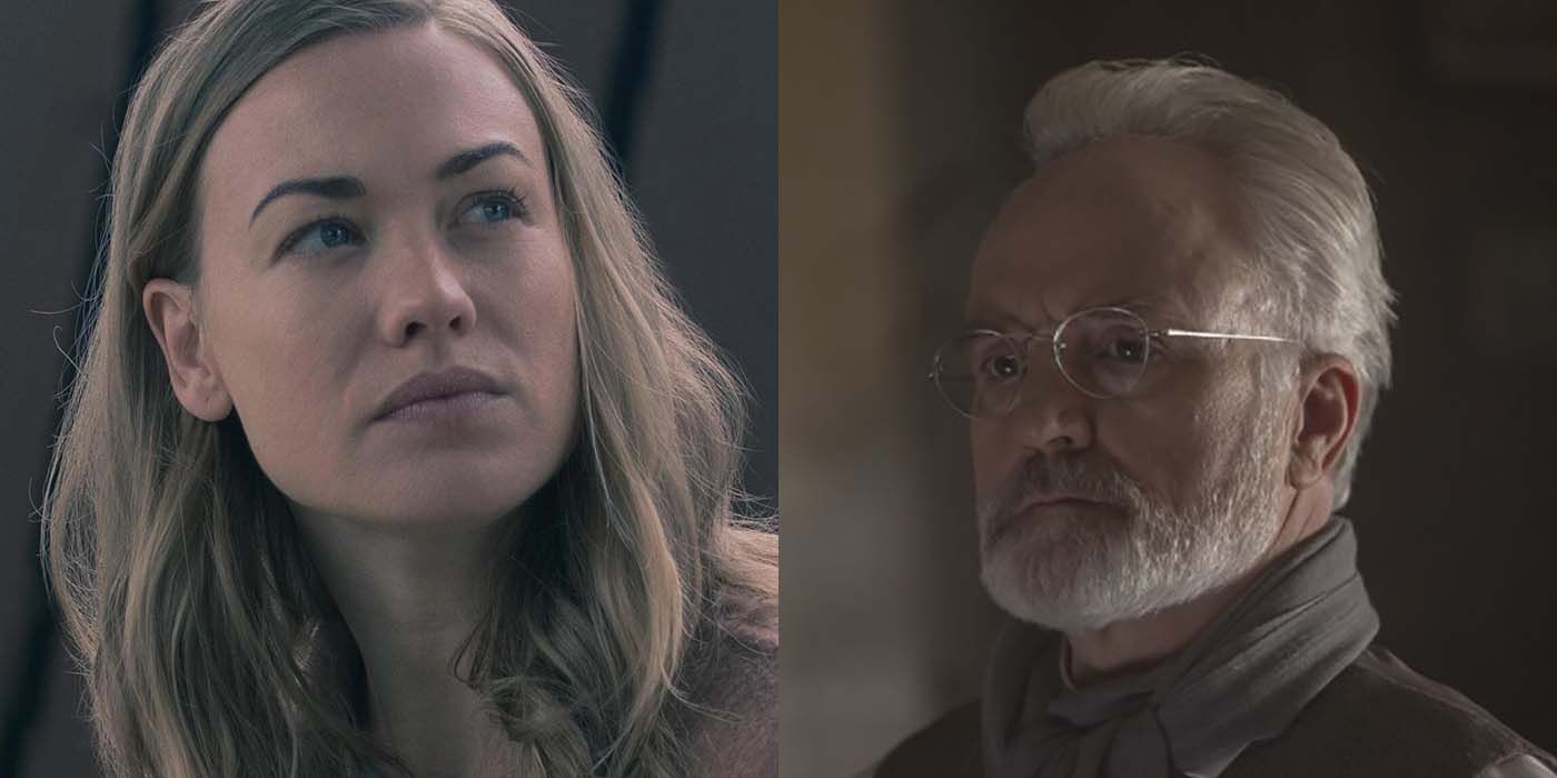 Split image of Serena Joy and Commander Joseph Lawrence from The Handmaid's Tale.