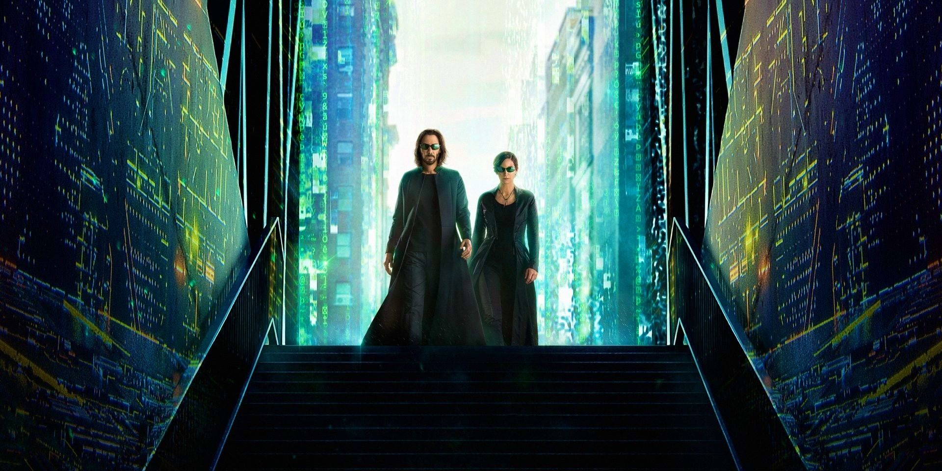 Trinity e Neo no centro do pôster do filme Matrix Resurrections