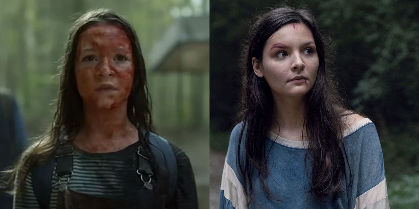 Split image of a child version of Lydia from Tales of the Walking Dead and teenage Lydia from The Walking Dead.