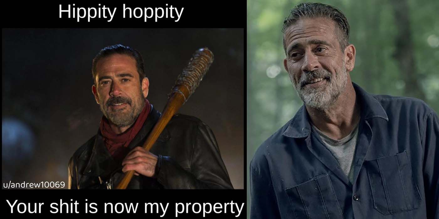 Split image of a meme featuring Negan from The Walking Dead and him in a later episode.