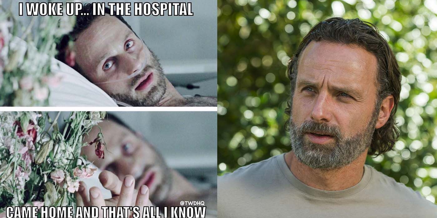 split image of a meme about Rick from The Walking Dead and a photo of a bearded Rick