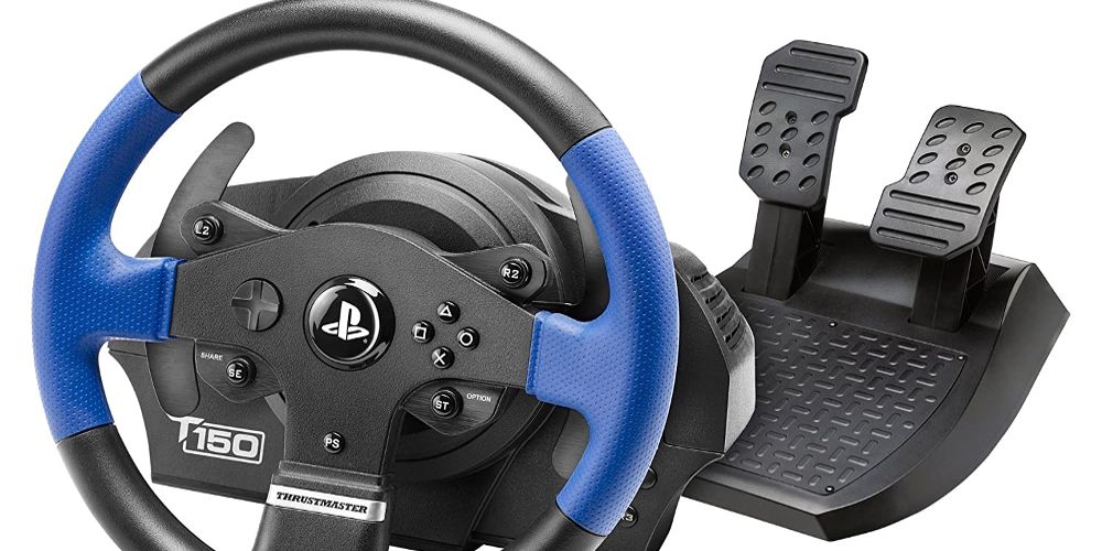 A Thrustmaster T150 racing wheel is displayed