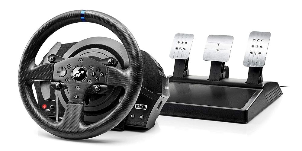 A Thrustmaster 300GT racing wheel is displayed
