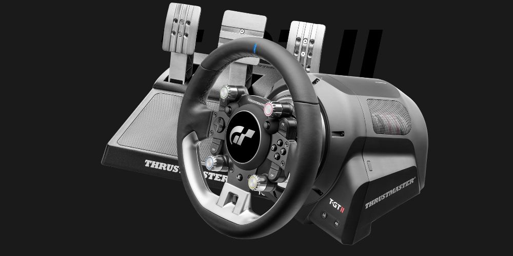Um volante de corrida Thrustmaster-GT-II é mostrado