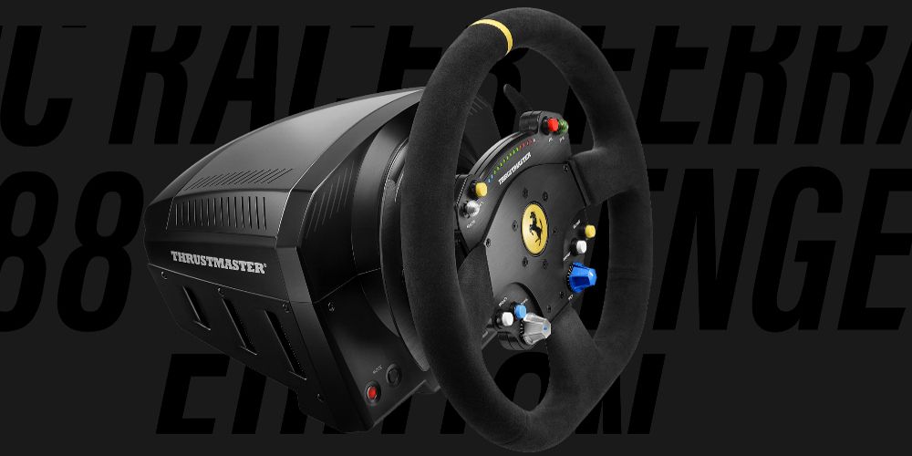 A Thrustmaster Ferrari 488 racing wheel is shown