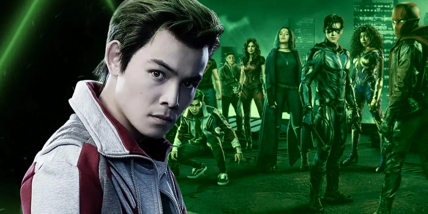 Ryan Potter as Beast Boy and the cast of Titans