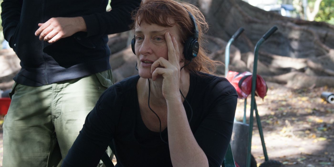 Jennifer Kent directing in a chair