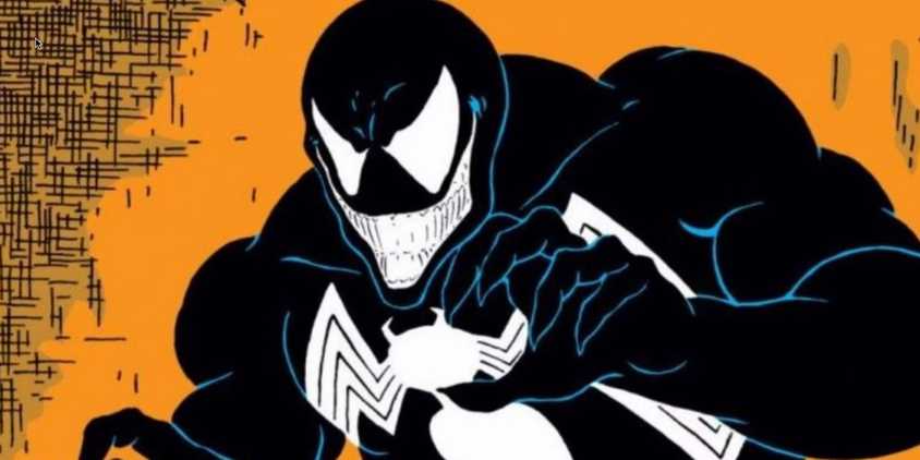 A classic comic book illustration of Venom with a cheesy smile, against an orange backdrop.
