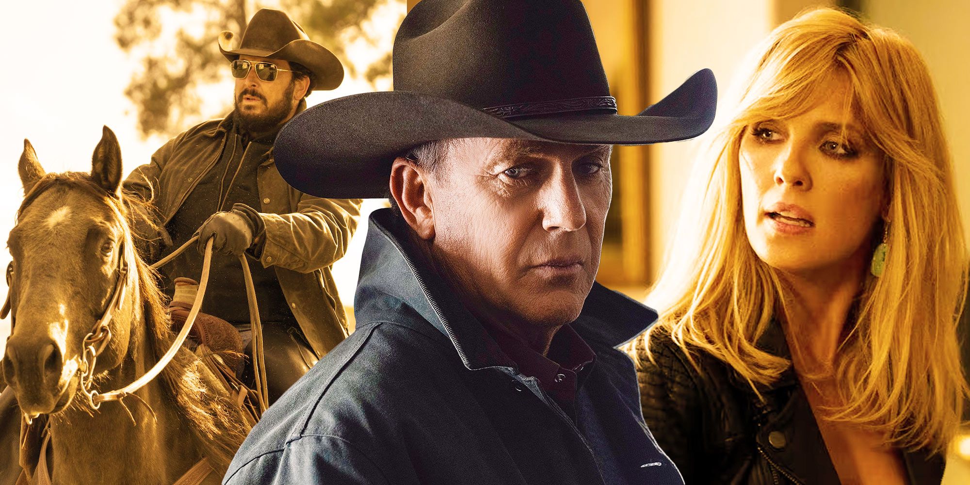 Rip, John Dutton and Beth in a collage of Yellowstone main characters