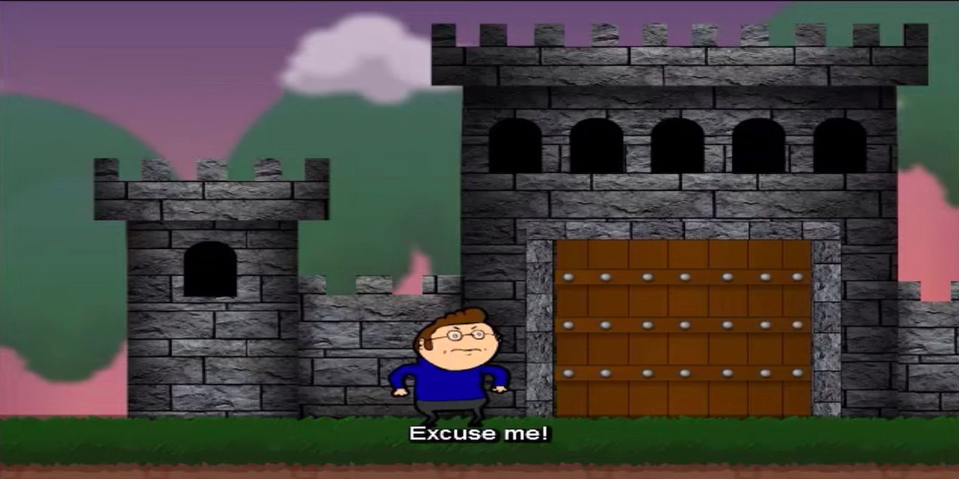 Jemaine entering Sir Giant Pink Lizard's Castle at the start of the Flash game You Only Live Once.
