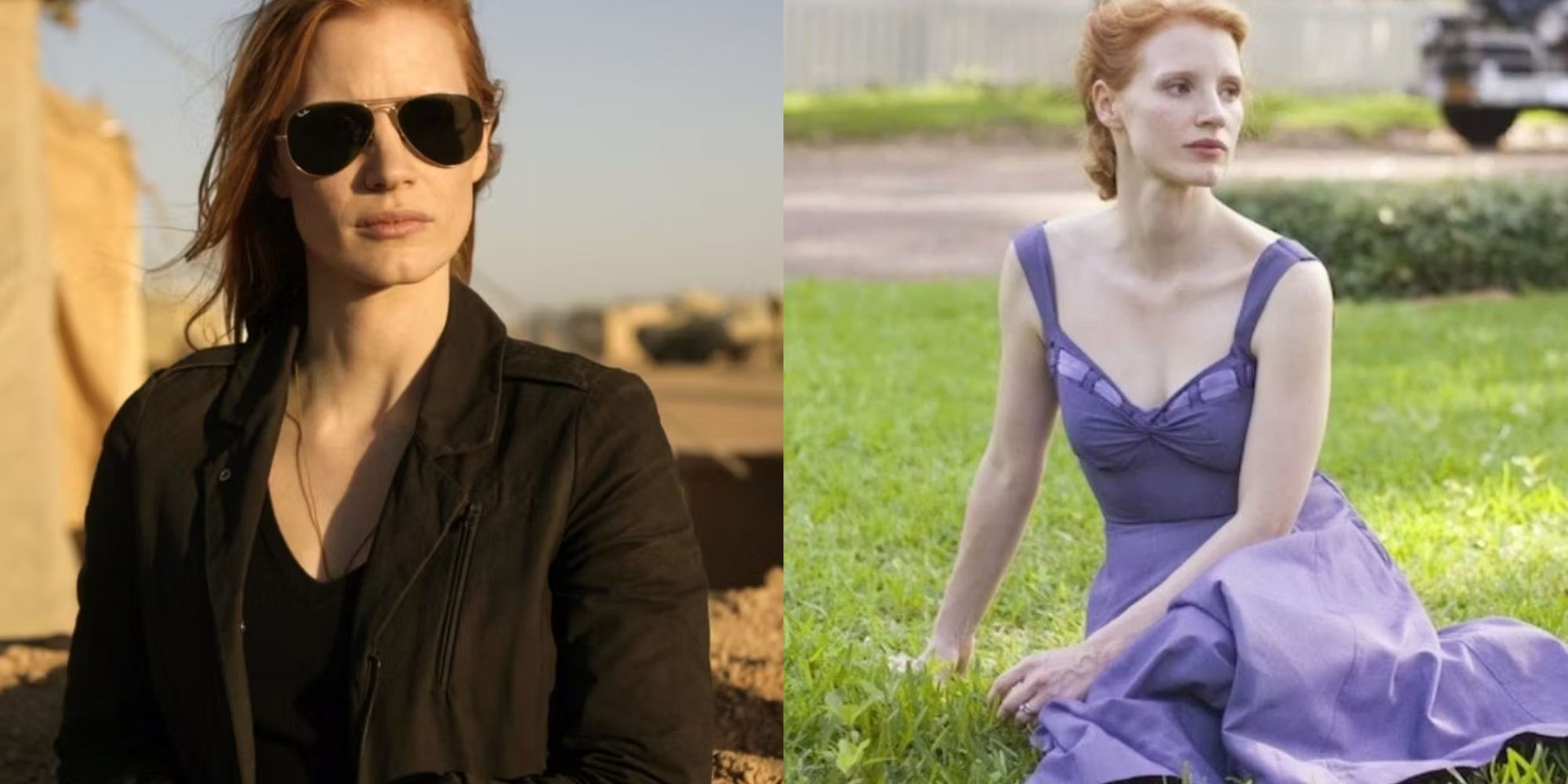 Split image of Jessica Chastain in Zero Dark Thirty and The Tree of Life