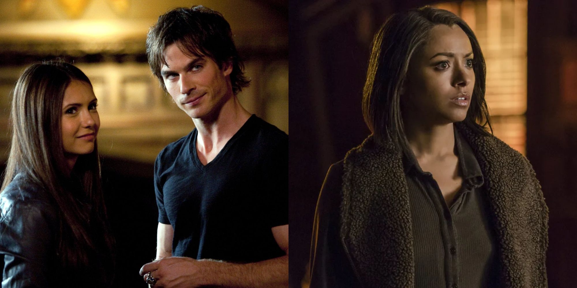 Side by side images of Elena and Damon and Bonnie in The Vampire Diaries