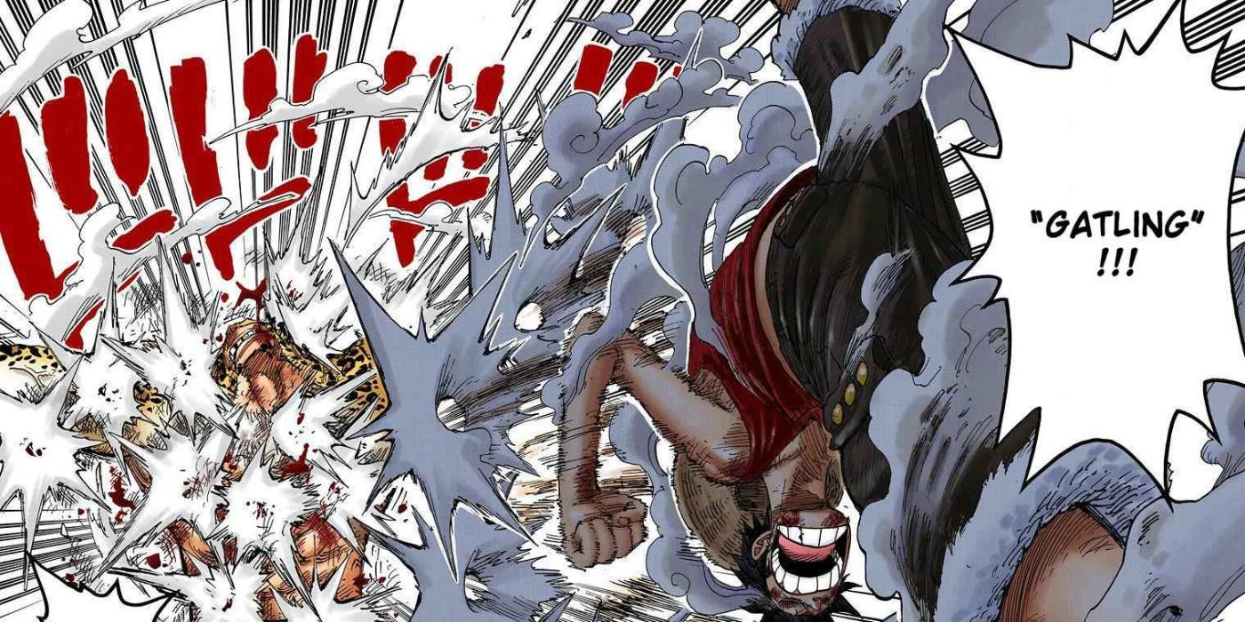 Luffy defeats Rob Lucci with Gum Gum Jet Gatling in the One Piece color manga.