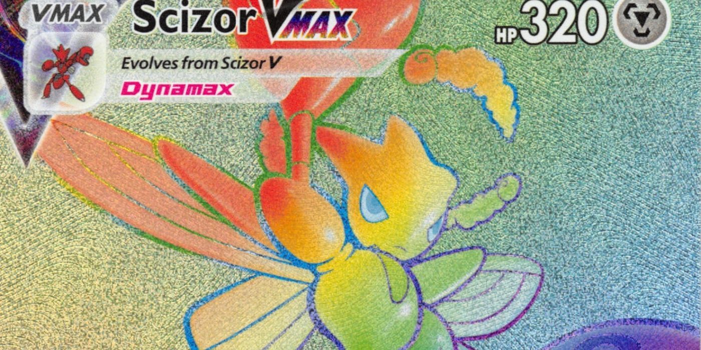 Um close-up da arte da carta Scizor Secret Rare VMAX do conjunto Pokémon Estampas Ilustradas Darkness Ablaze, mostrando um Scizor com as cores do arco-íris.