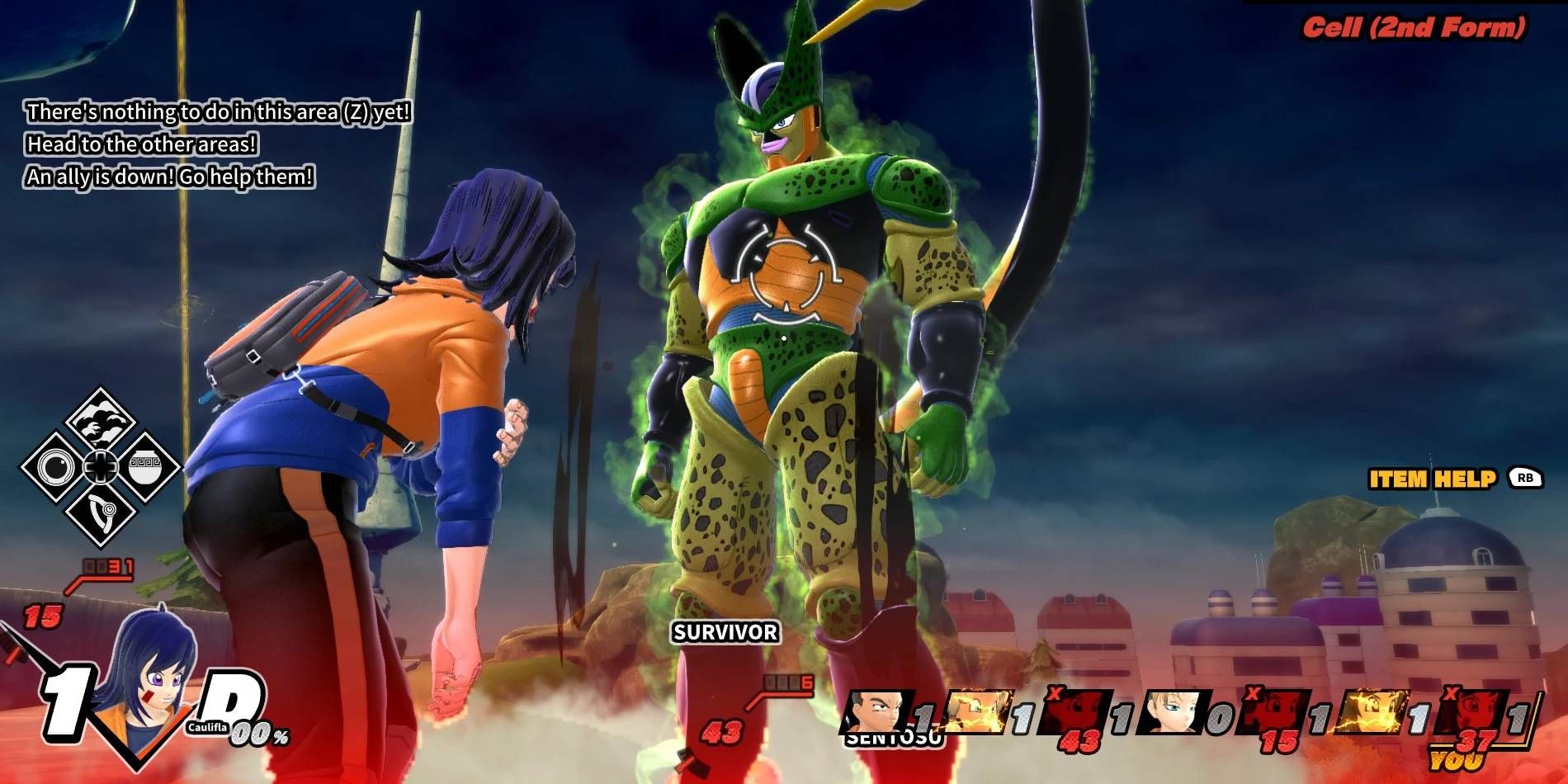 Dragon Ball: The Breakers Survivor vs Second Form Cell Gameplay UI com Three Downed Survivors Screenshot