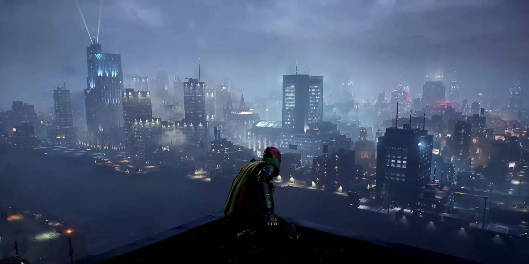 Robin se agachou no telhado de um prédio, com vista para Gotham City em Gotham Knights.