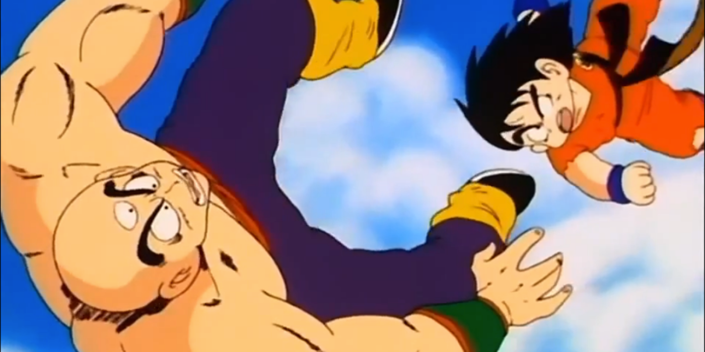 Tenshinhan e Goku caindo perto do final do 22º Torneio - Dragon Ball.