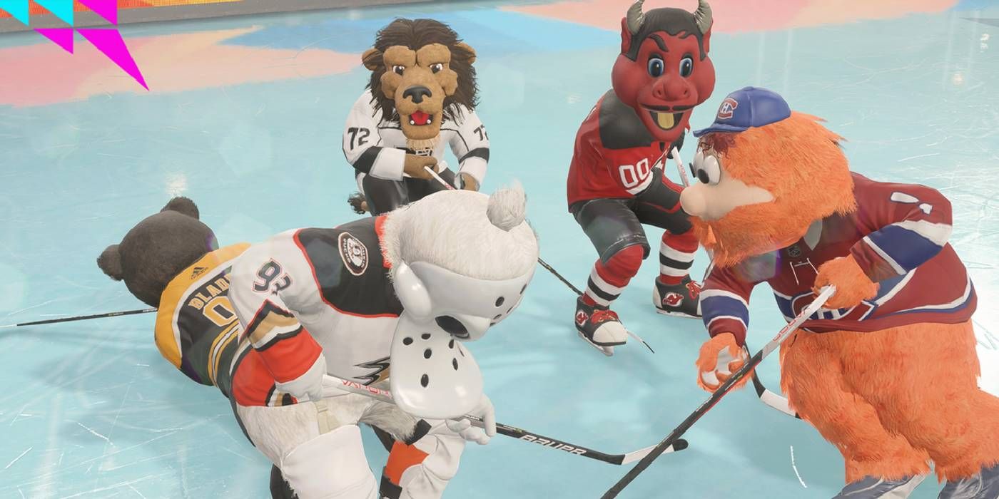 NHL 23 Threes Mascot Game Mode Featuring 5 Mascots from Different Teams, Including an Orange Man, A Polar Bear and a Grizzly Bear, a Devil, and a Lion 