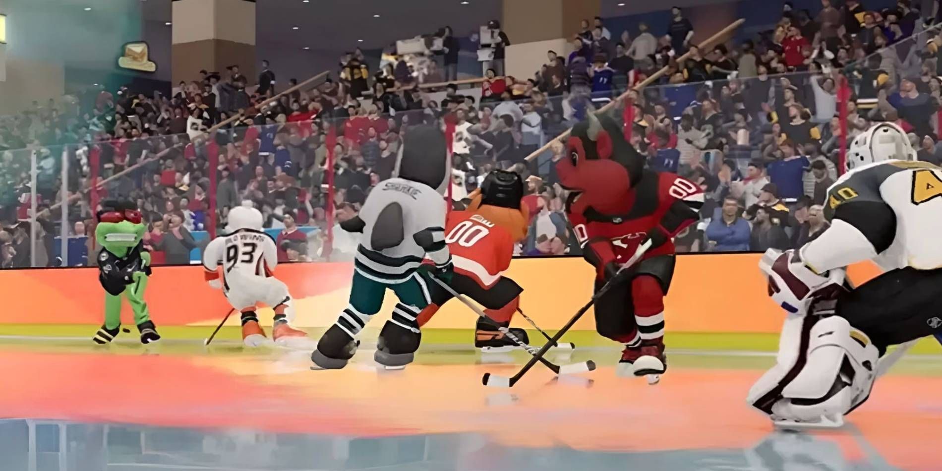 NHL 23 Mascots Devil, Frog, Shark, and Normal Goalie Playing Threes Mode on Orange, Yellow, and Green Rink