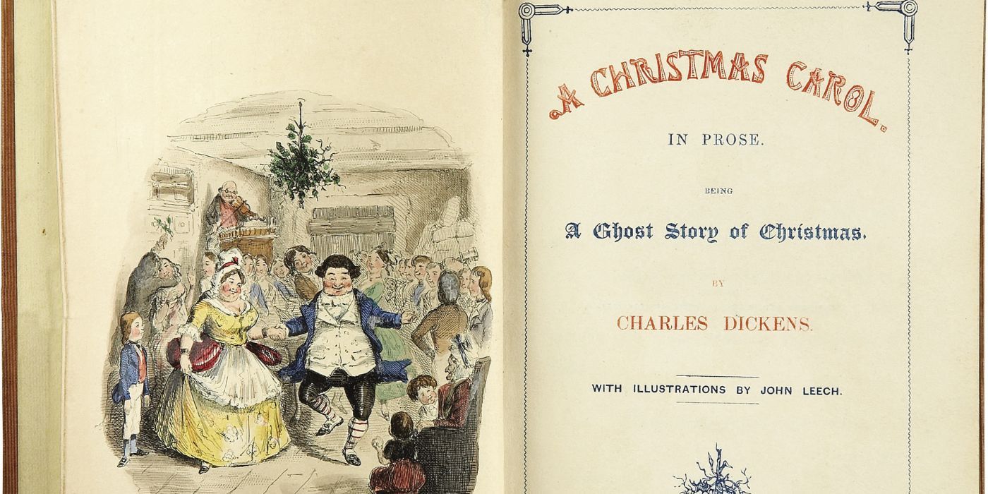 The opening page of the novel A Christmas Carol showing an illustration of a party and the novel's title.