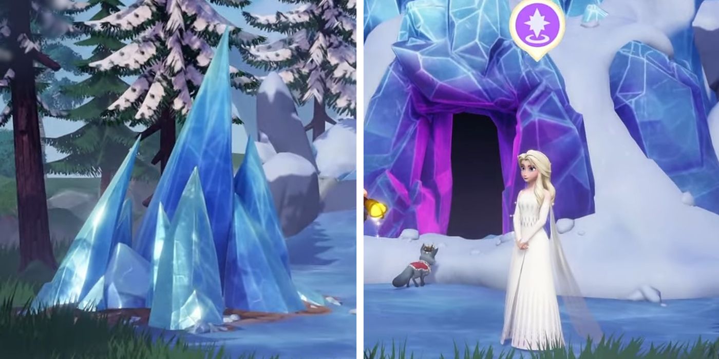 A Large Ice Block and Elsa Standing at the Entrance of her Ice Cavern in Disney Dreamlight Valley