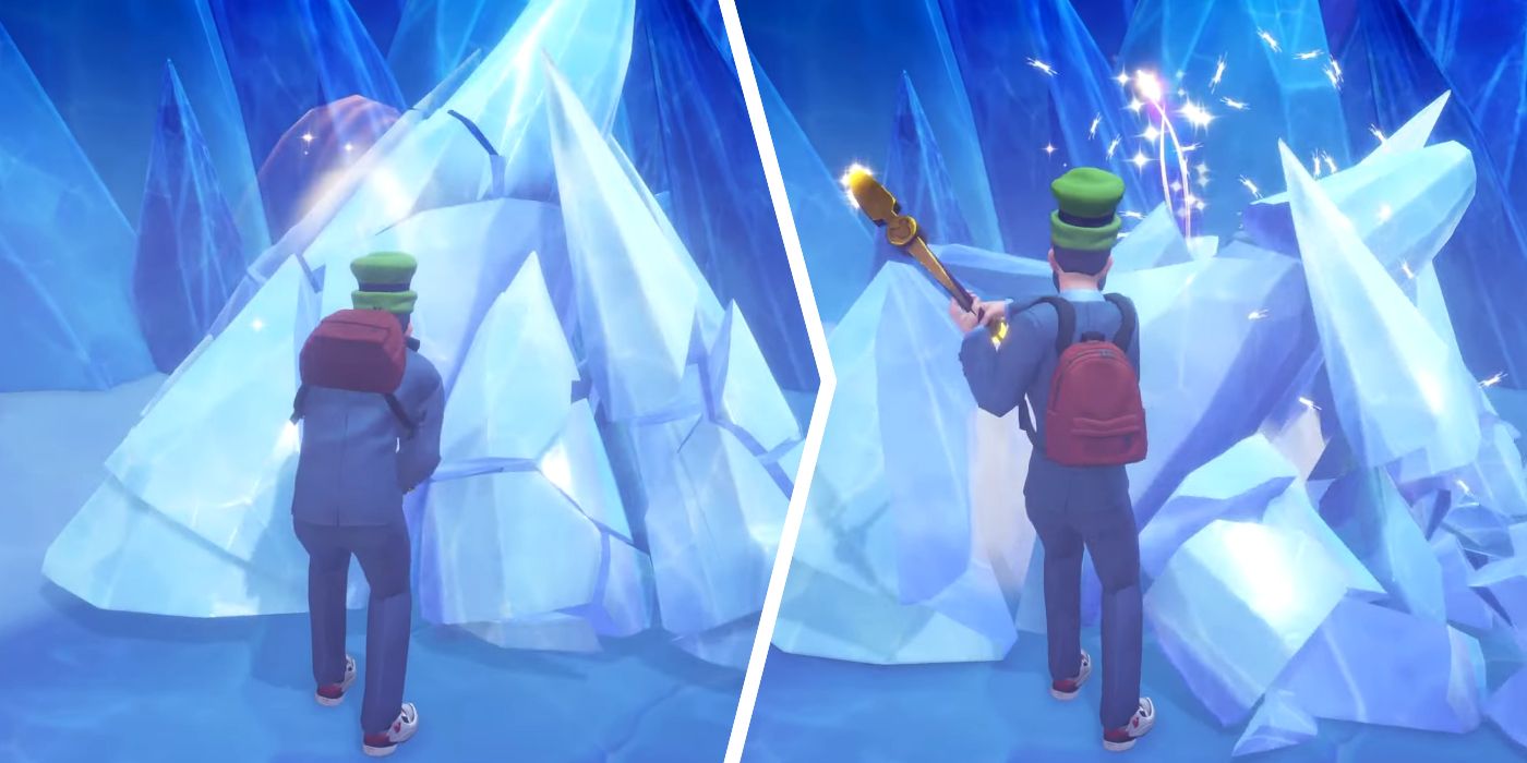 A Player Breaking Large Ice Blocks in the Ice Cavern of Disney Dreamlight Valley